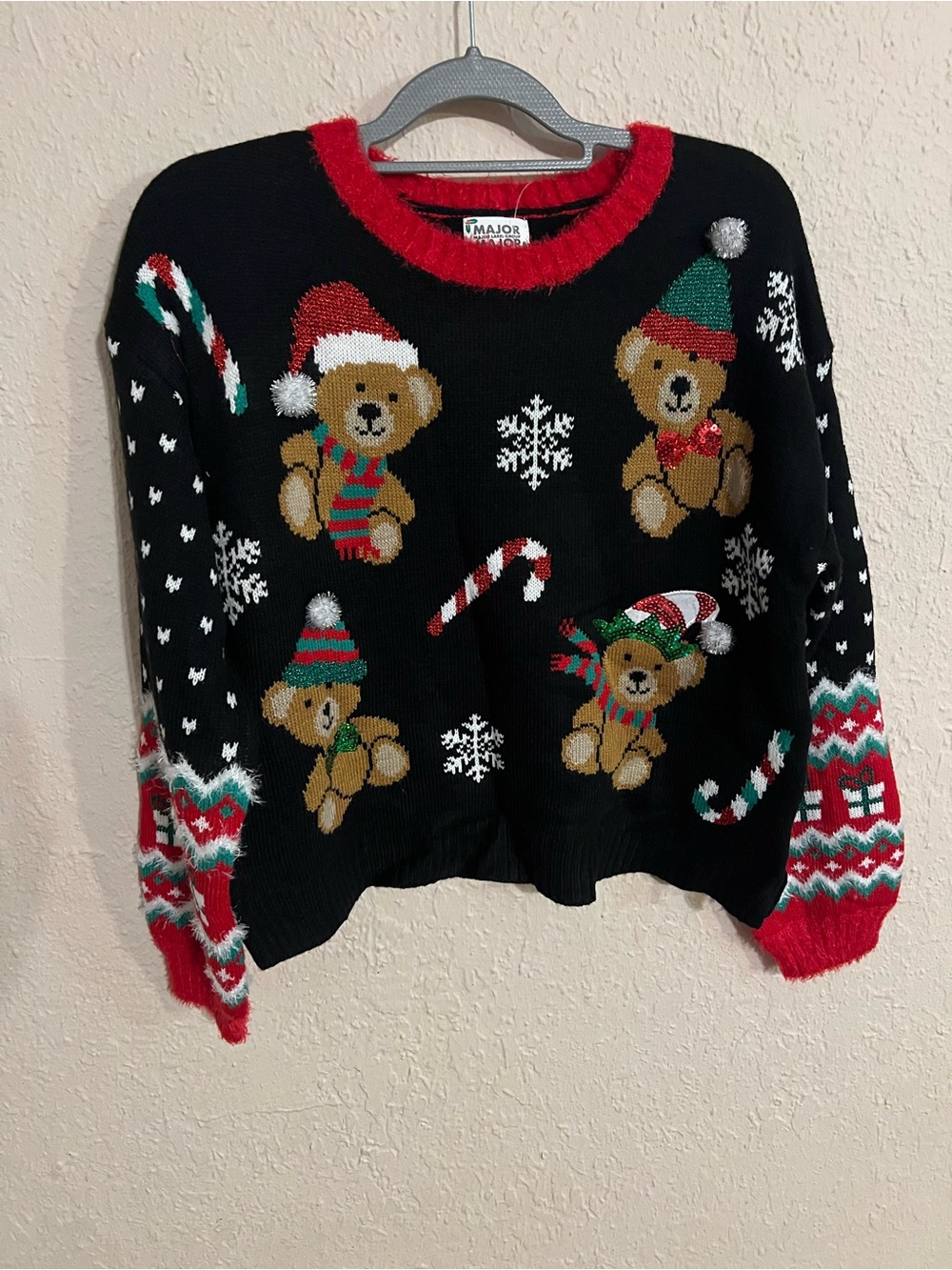 Festive Teddy Bear Holiday Crewneck Sweater - Black & Red